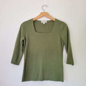 Vintage Dressbarn Green Women's Sweater Square Neck 3/4 Sleeves S